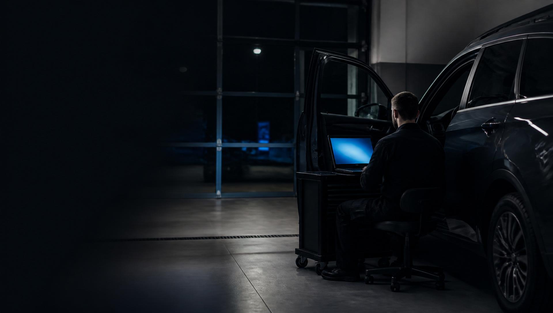 Automotive electronics technician using a rugged diagnostic laptop connected to a vehicle in a dark professional workshop